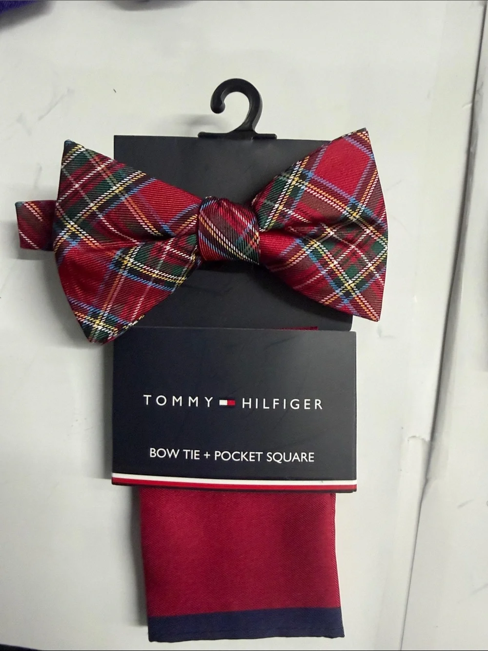 Tommy Hilfiger Red Plaid Bow Tie with Matching Pocket Square